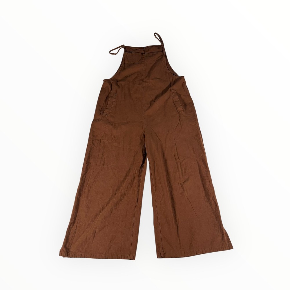 Women's Wide Leg Jumpsuit Brown Adjustable Straps Pockets Size L