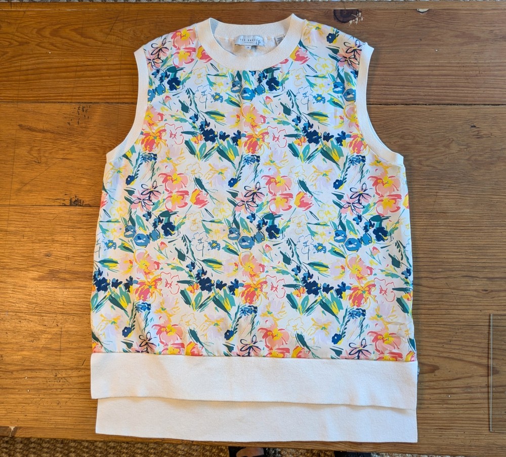 Ted Baker Floral Poly/Cotton Crew Sleeveless Top Sz 3 (US 8) Beachy
