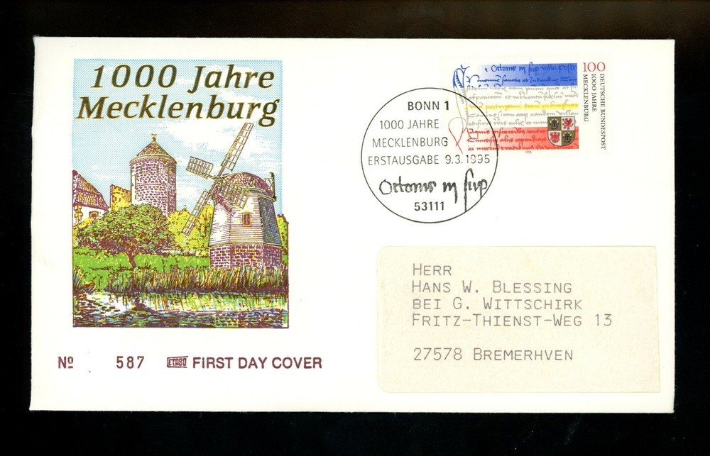 Postal History Germany FDC #1887 German State Mecklenburg 1995