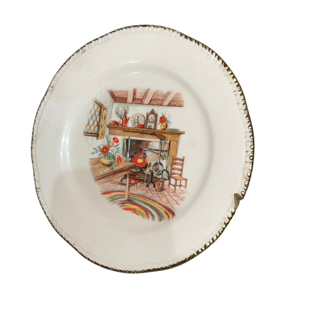 Vintage Homer Laughlin Decorative Plate Eggshell Colonial Fireplace Gold Trim