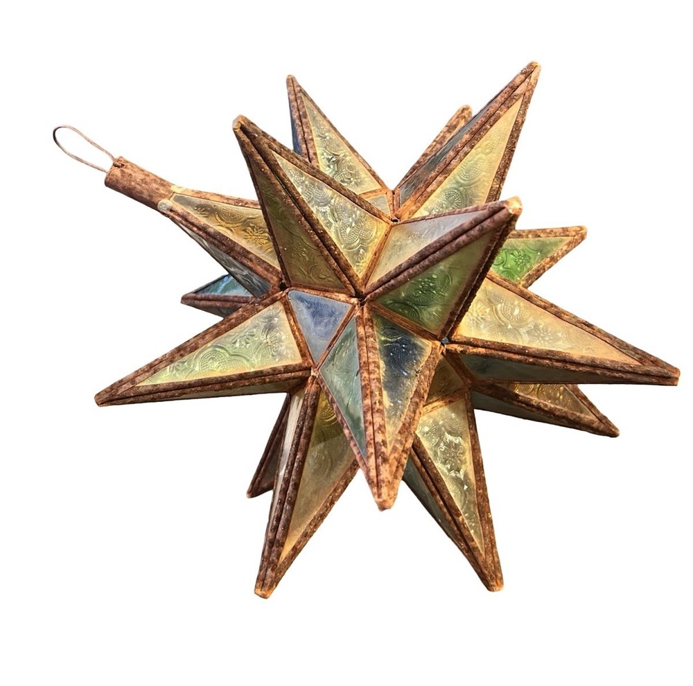 Antique Moravian Star Shaped Pendant Stained Glass Light 13” Ceiling Shade READ