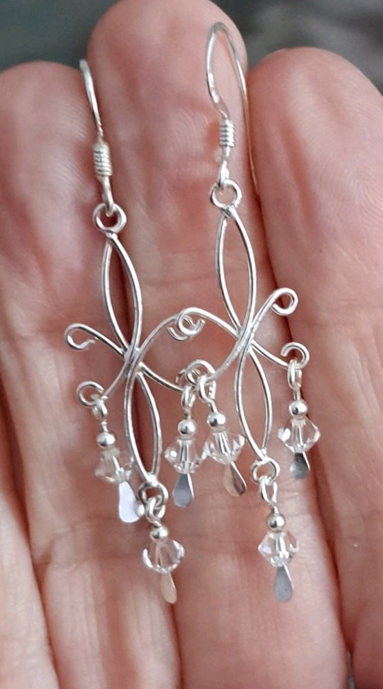 Vintage Sterling Silver Crystal Beaded Earrings Chandelier dangle   .925