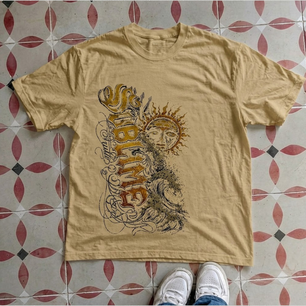 Sublime Band T-Shirt Tan Mustard Vertical Logo Sun Waves Graphic Tee