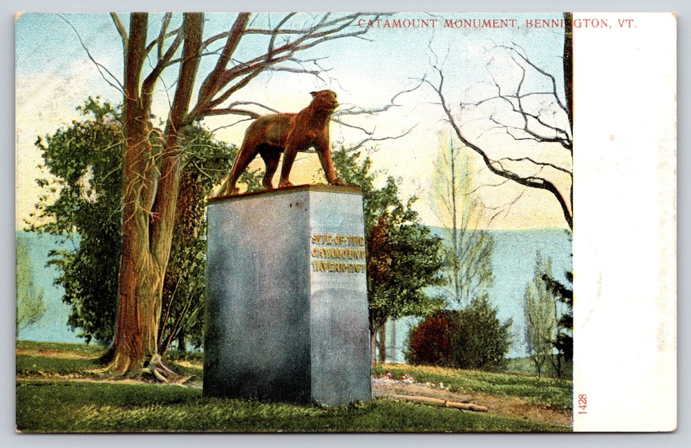Bennington Vermont~Catamount Tavern Monument~Cougar Statue~Tree~c1905 Postcard