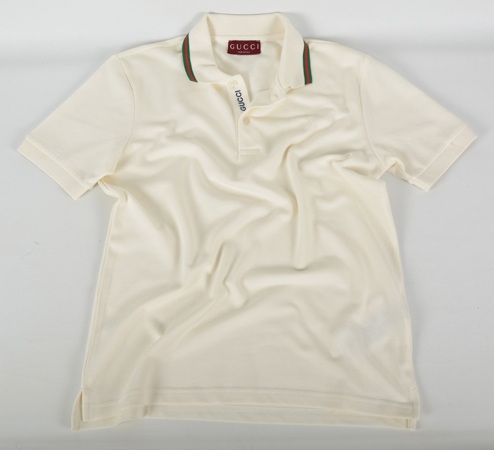 Men's Gucci Ecru Polo Shirt XL Web Collar Short Sleeve
