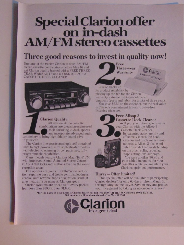 1981 Clarion In-Dash AM/FM Stereo Cassettes  vintage print ad
