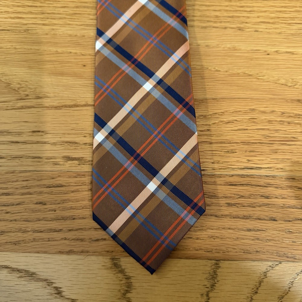 Tommy Hilfiger Men's Tie 100% Silk Orange Blue Plaid