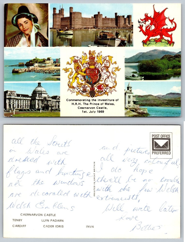 1969 Prince of Wales Investiture Postcard Caernarvon Castle Welsh Heritage