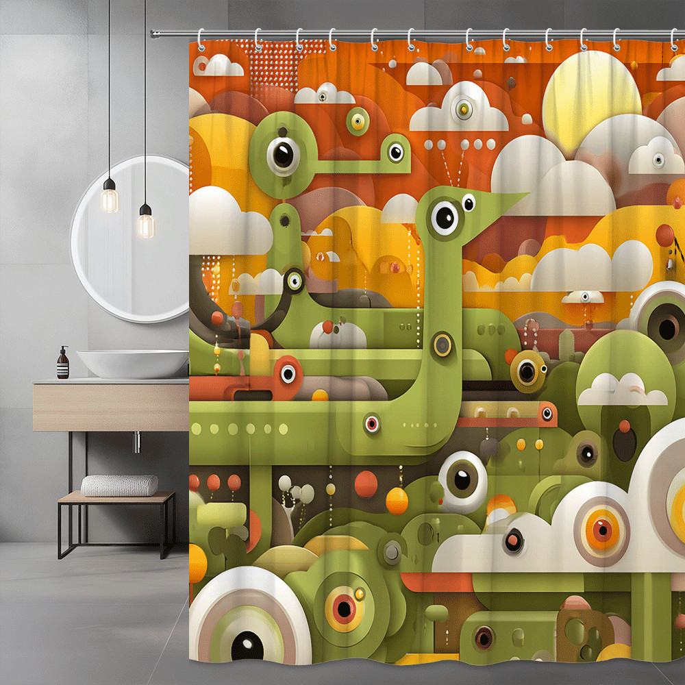 Abstract Graphic Eyes Shower Curtain Orange Green Print-image