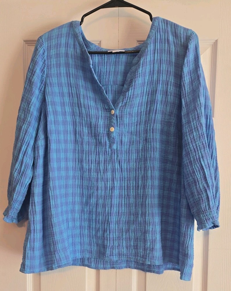 J Jill Blue Gingham Tunic Top Large Henley Cotton Womens oversized casual gauze