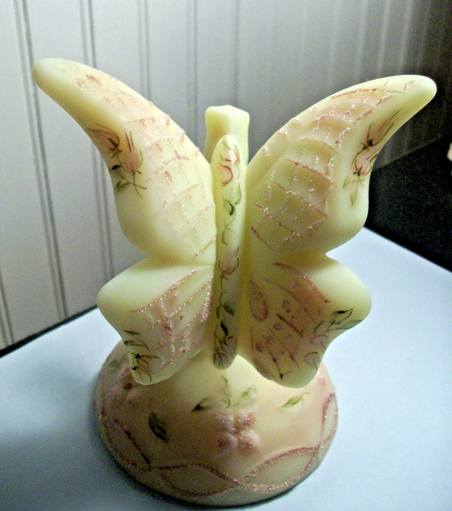 FENTON uranium custard Burmese art glass butterfly on branch H.P. by K .Sponsler