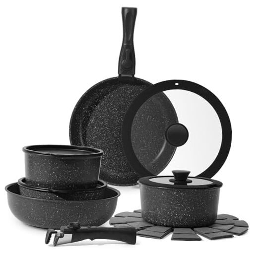 15Pcs Non Stick Black Pots and Pans Cookware Set with 15 Pieces