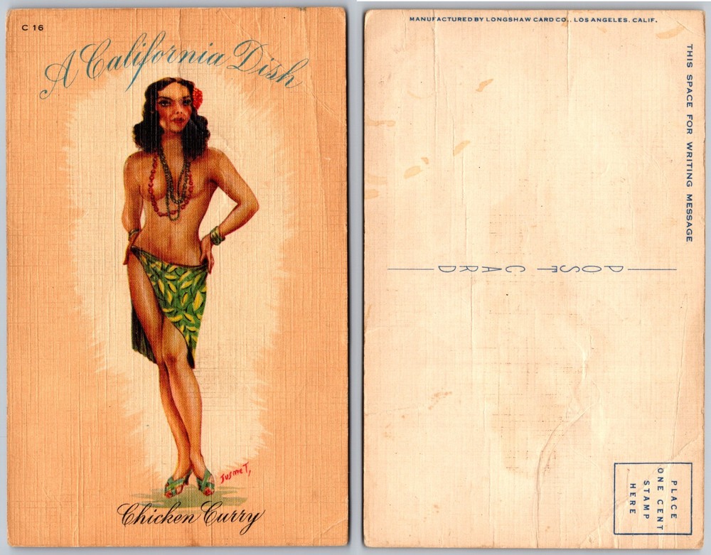 California Dish Chicken Curry Pin Up Postcard