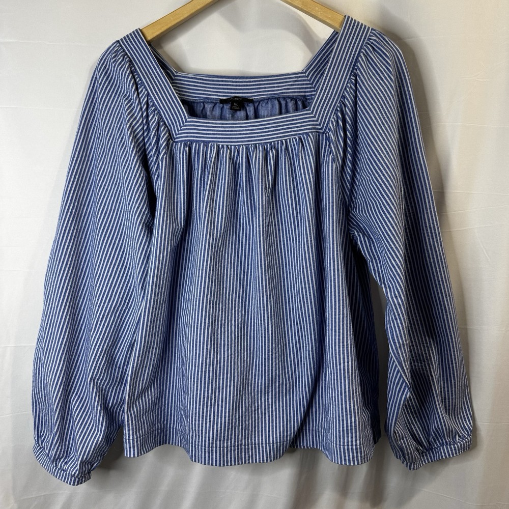 J CREW Blue White Seersucker Square Neck Knit Top Size XL Poplin Stretch