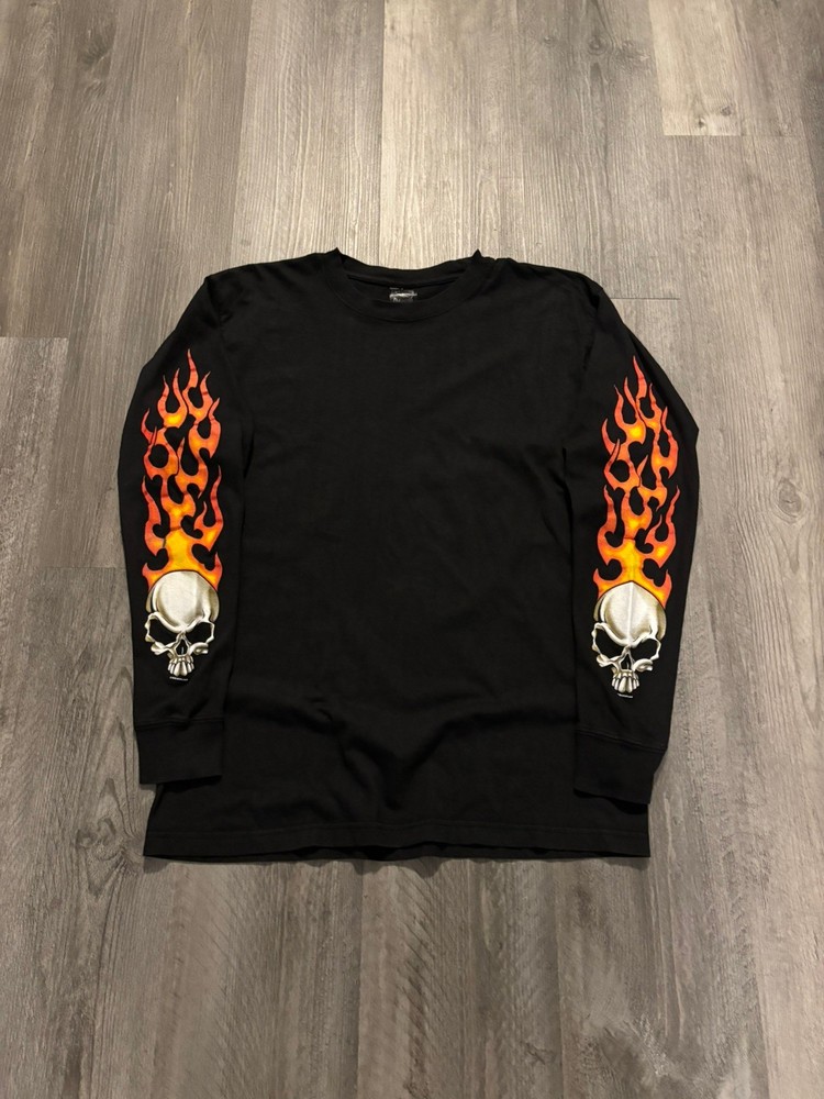 Vintage Y2K Skull Biker Flame Long Sleeve T Shirt Mens Medium Motorcycle Jnco