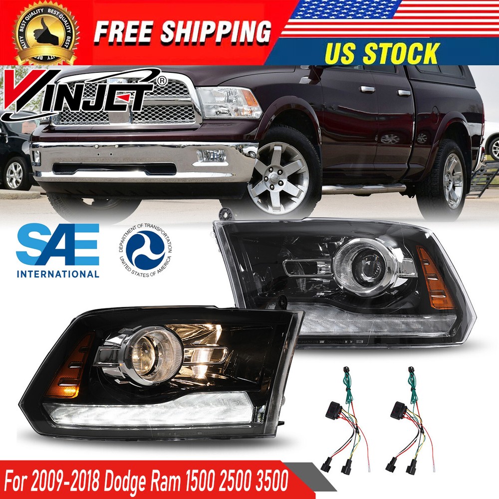 Headlights For 2009-2018 Dodge Ram 1500 2500 3500 LED DRL Black Projector Lamps