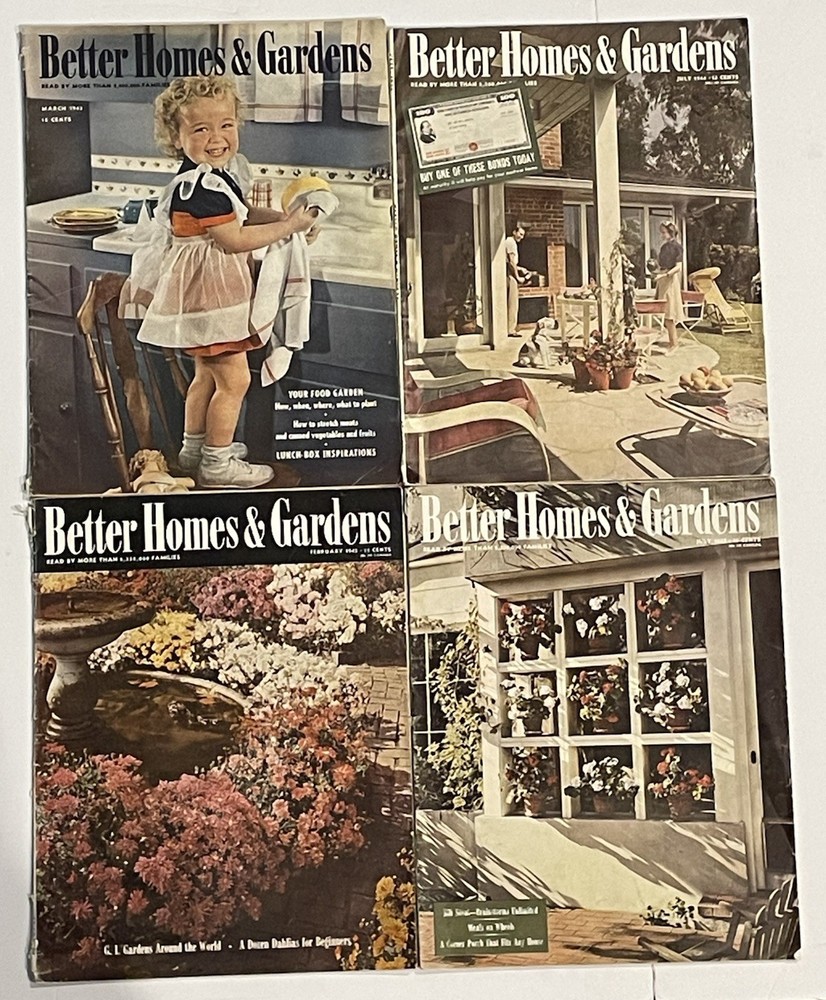 Lot 4 Vintage Better Homes & Gardens Magazines 1943 1944 1955 WWII MCM Ephemera