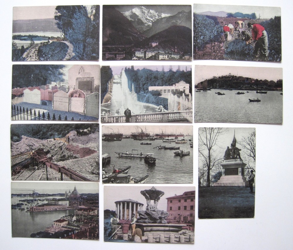 Vintage Hand Colored Postcard Lot of 11 Pink Purple Hue World Scenes Unposted