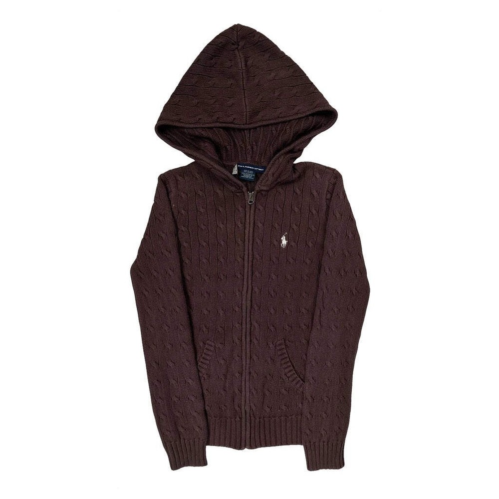 Ralph Lauren Sport Cable Knit Hoodie - Small Brown Cotton
