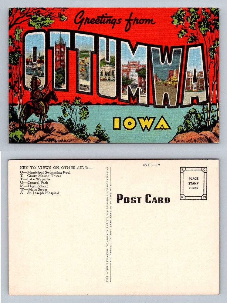 Ottumwa, IA-Iowa, Greetings Large Letter Multi View Landmarks Vintage Postcard