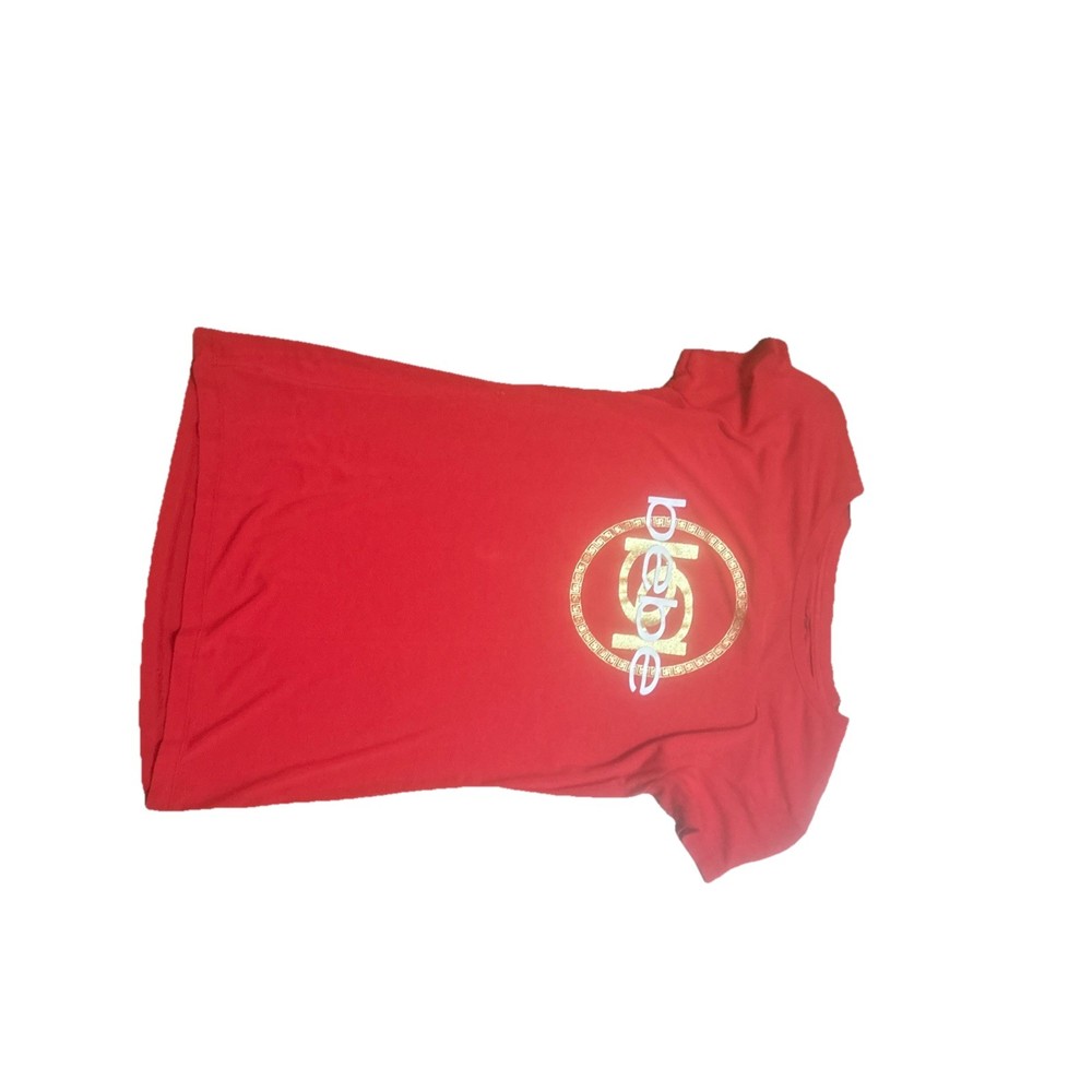Bebe Shirt Womens Large Red Crystal Logo Tee Stretch Casual Short Sleeve Top