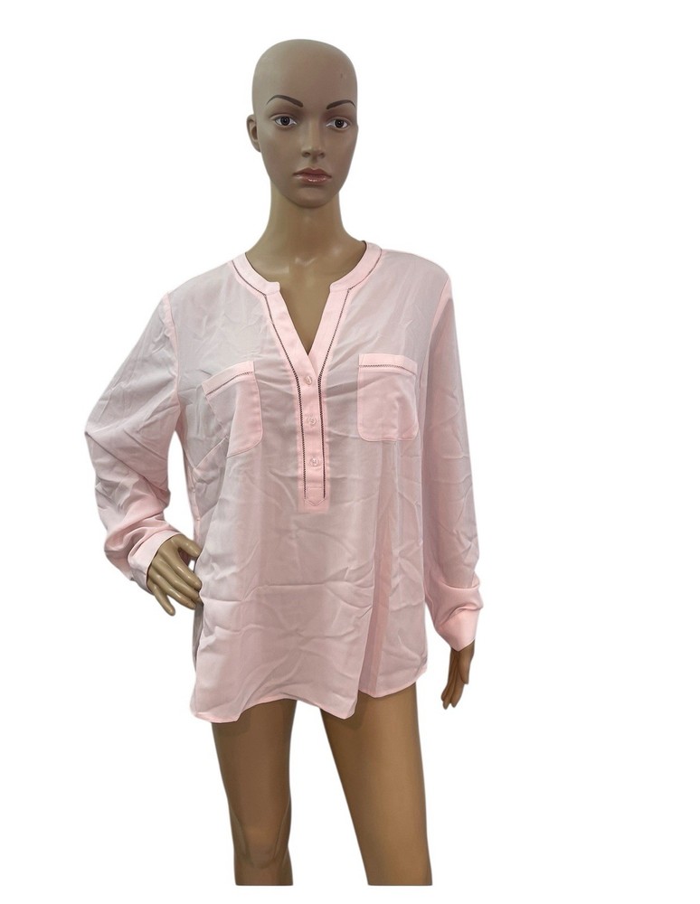 Talbots Women’s Size XLP Long Sleeve V Neck Solid Pink Blouse 2 Front Pocket