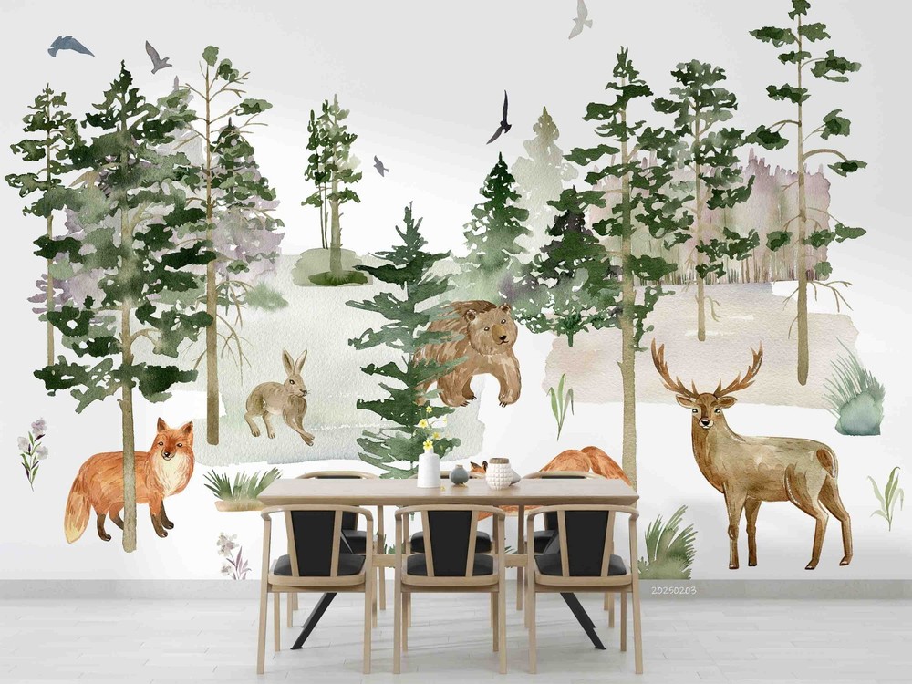 3D Forest Deer Fox Bear Watercolor Wall Murals Wallpaper Murals Wall Sticker 2