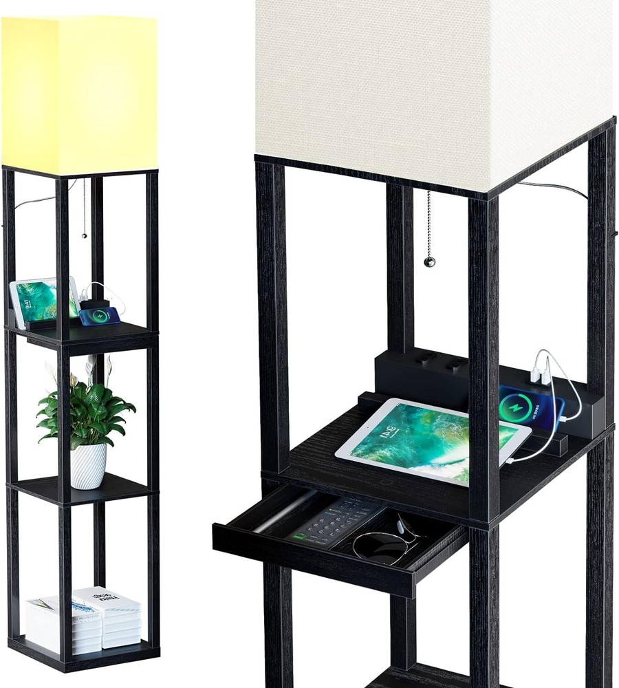 Modern Black Solid Wood Dimmable Floor Lamp with Shelves for Stylish Functionality
