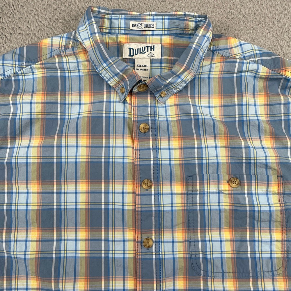 Duluth Button Down Mens 2XL Tall Blue Untucked Relaxed Fit Plaid Short Sleeve