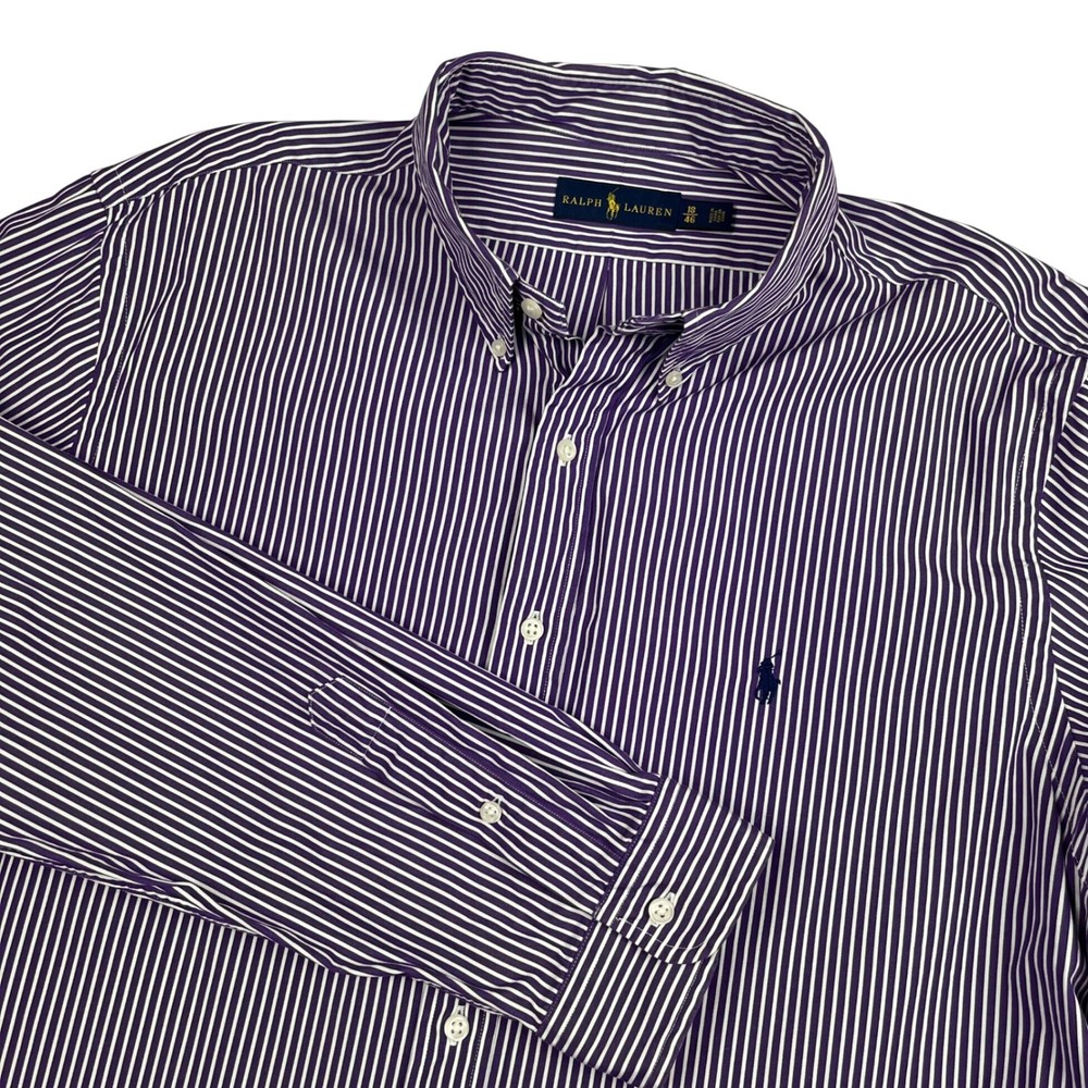 Ralph Lauren EUC Button Down Shirt Men's 18/46 Purple White Striped Long Sleeve