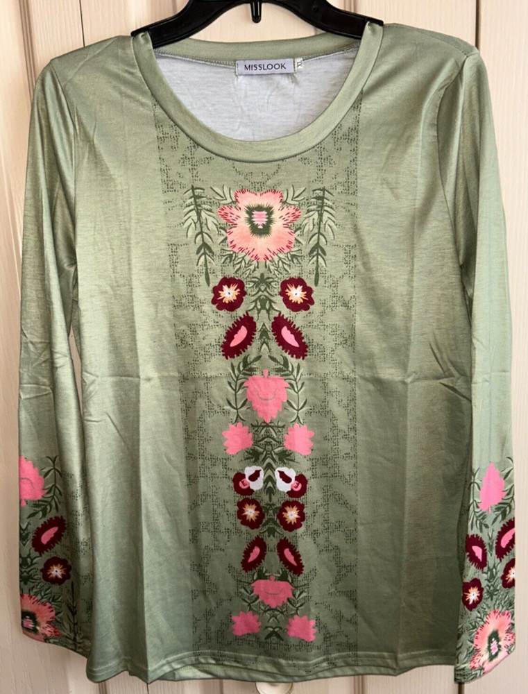 Women’s Misslook Green Floral Pattern Long Sleeve Top - Size Xl