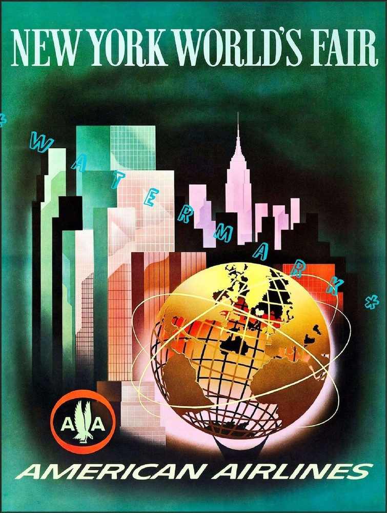 1964 World's Fair New York Vintage American Airlines Travel Poster Print  