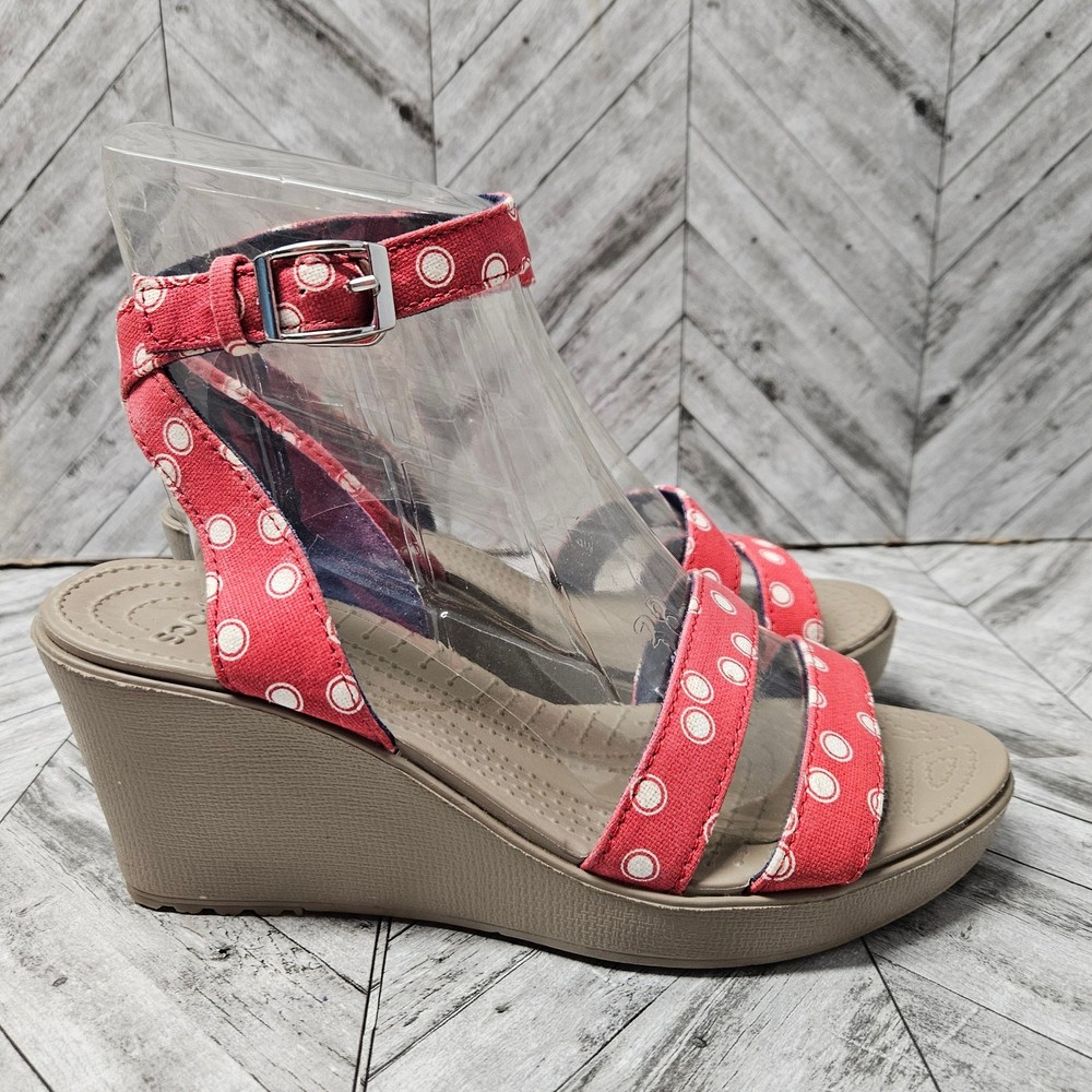 Crocs Leigh Cross Strap Ankle Wedge Sandals for Women Size 8 in Red Polka Dot