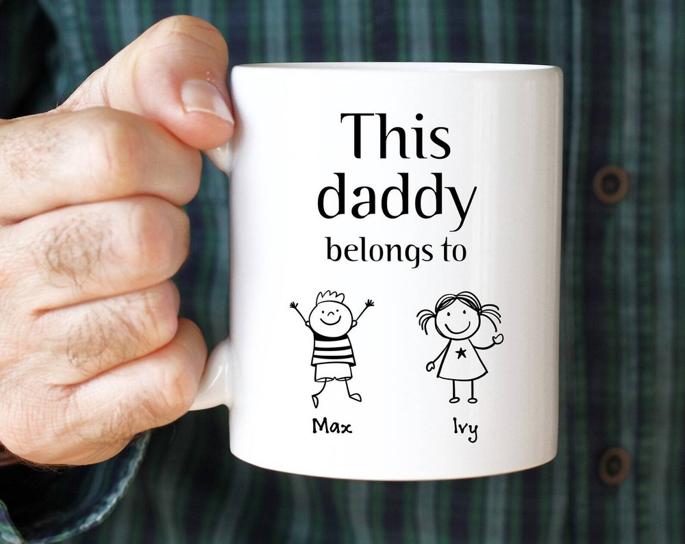 This Daddy Belongs To Mug With Kids Names Children's Drawing Personalised First