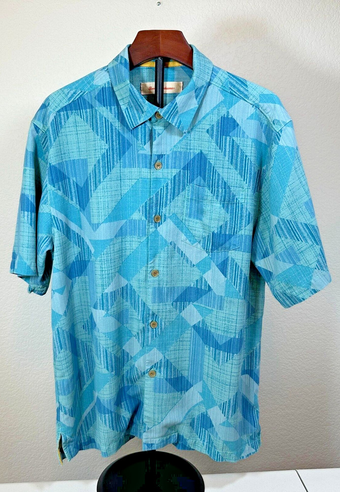 Tommy Bahama Geometric Pattern 100% Silk Short Sleeve Camp Shirt Blue {Men's M}