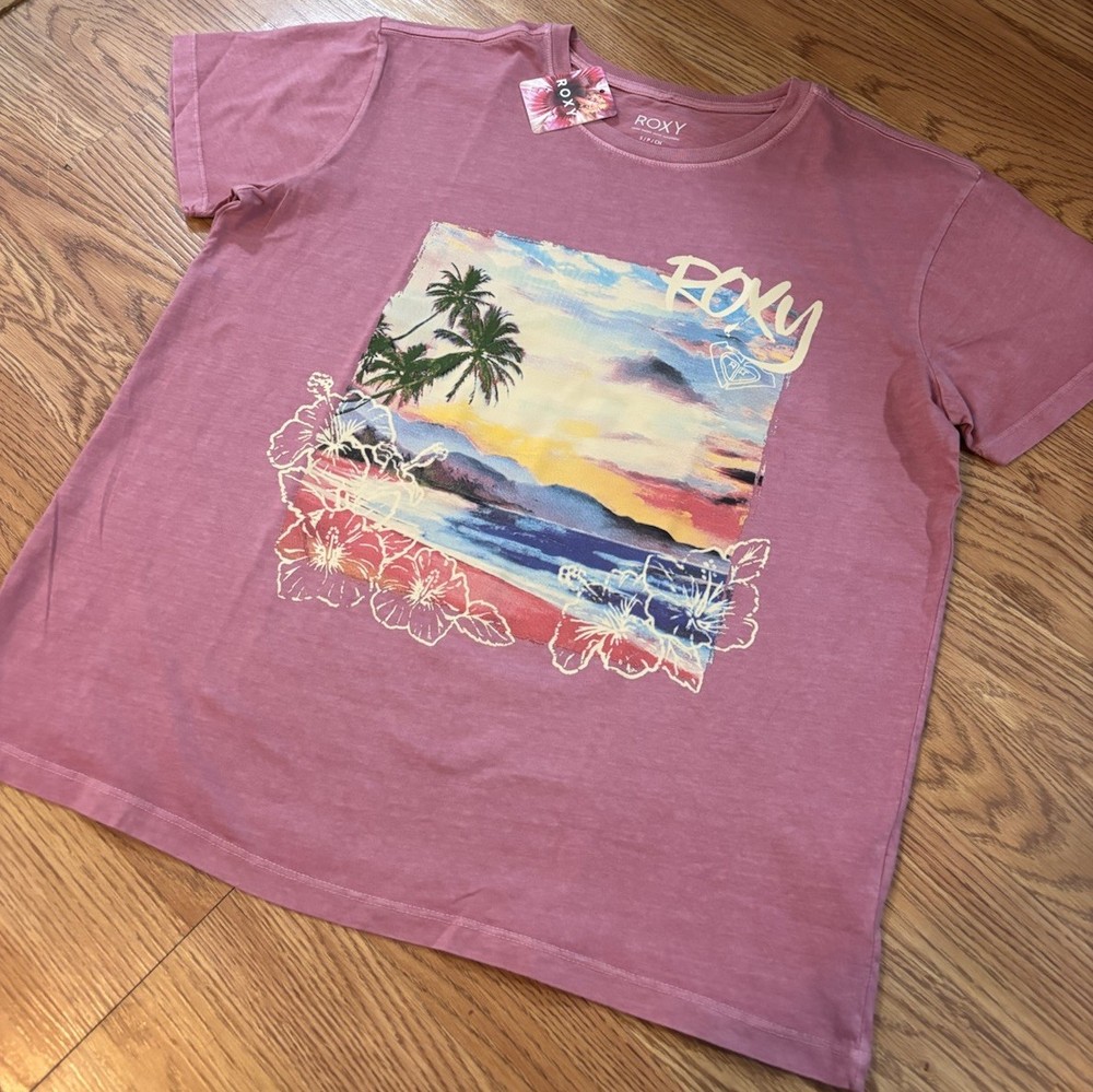 ROXY S Pink Cotton Short Sleeve Crew Neck Graphic Logo Beach T-Shirt