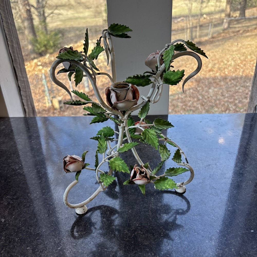 Vintage Metal White Roses Candle Holder Sconce Table Art Decor 12”x8” Rose Heart