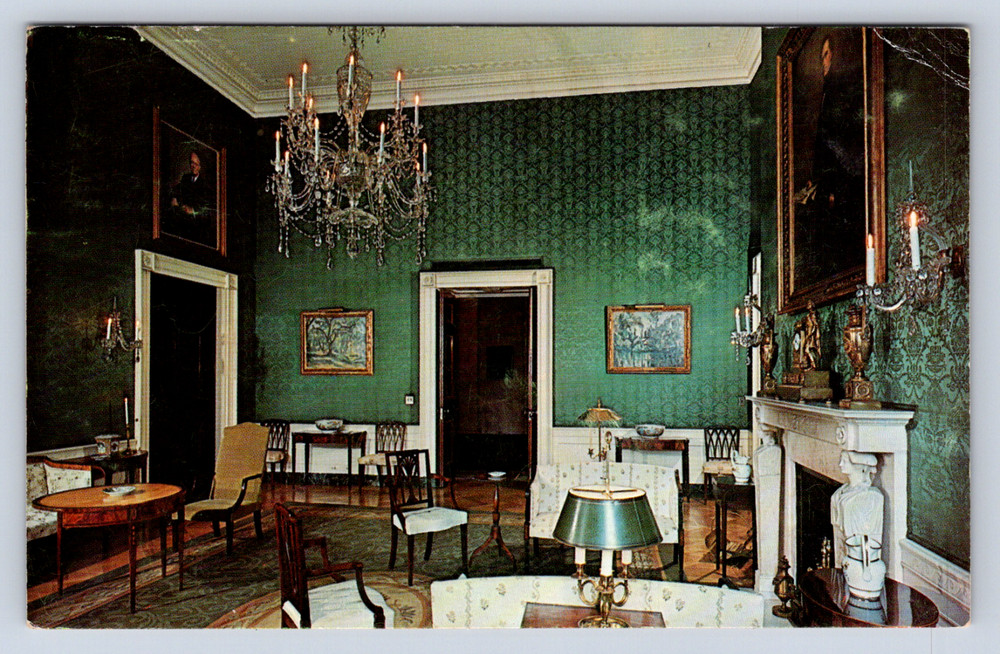Vintage postcard Green Room White House Washington DC chandelier