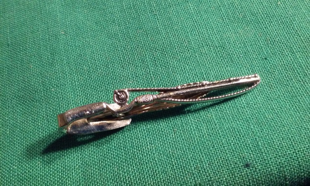 Vintage FISHING POLE Theme Tie Clip Bar Silver-Tone Metal
