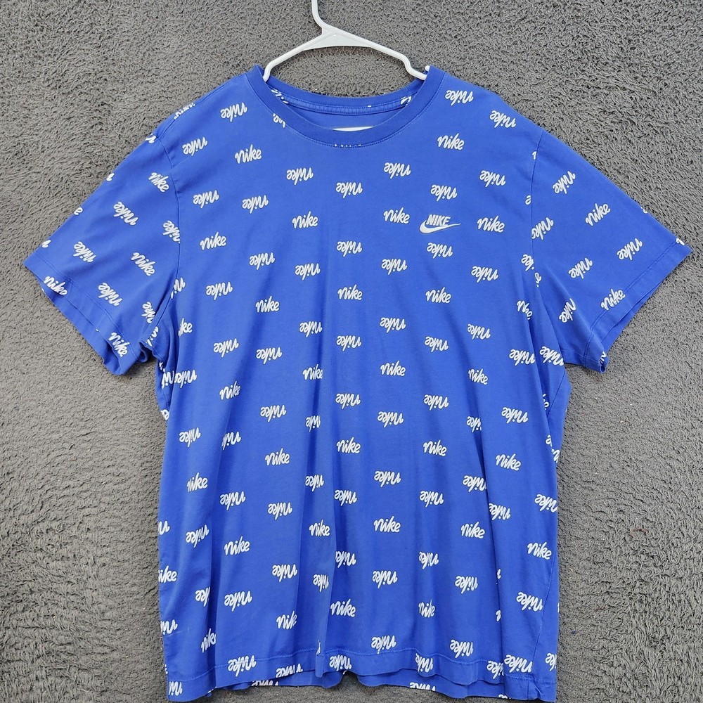 Nike Shirt Mens 2XL Blue All Over Logo Print The Nike Tee Graphic Crewneck