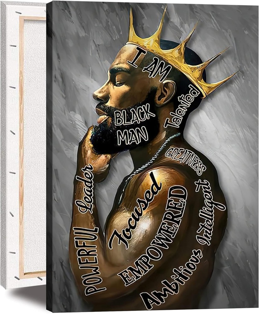 African American Wall Art, Black Man Portrait Canvas, Afro King Motivational Pri