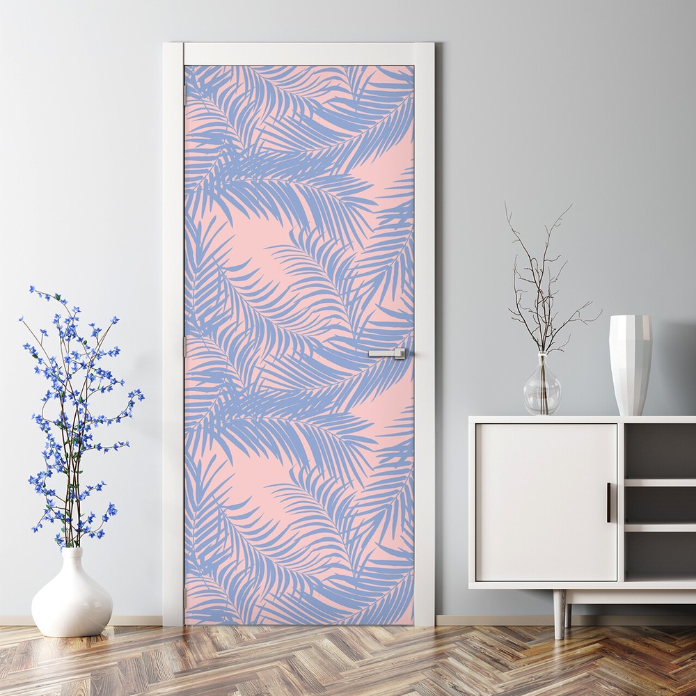Blue Palm Bubble Free Nursery Floral Mural Exotic Pink Repositionable Door Decal