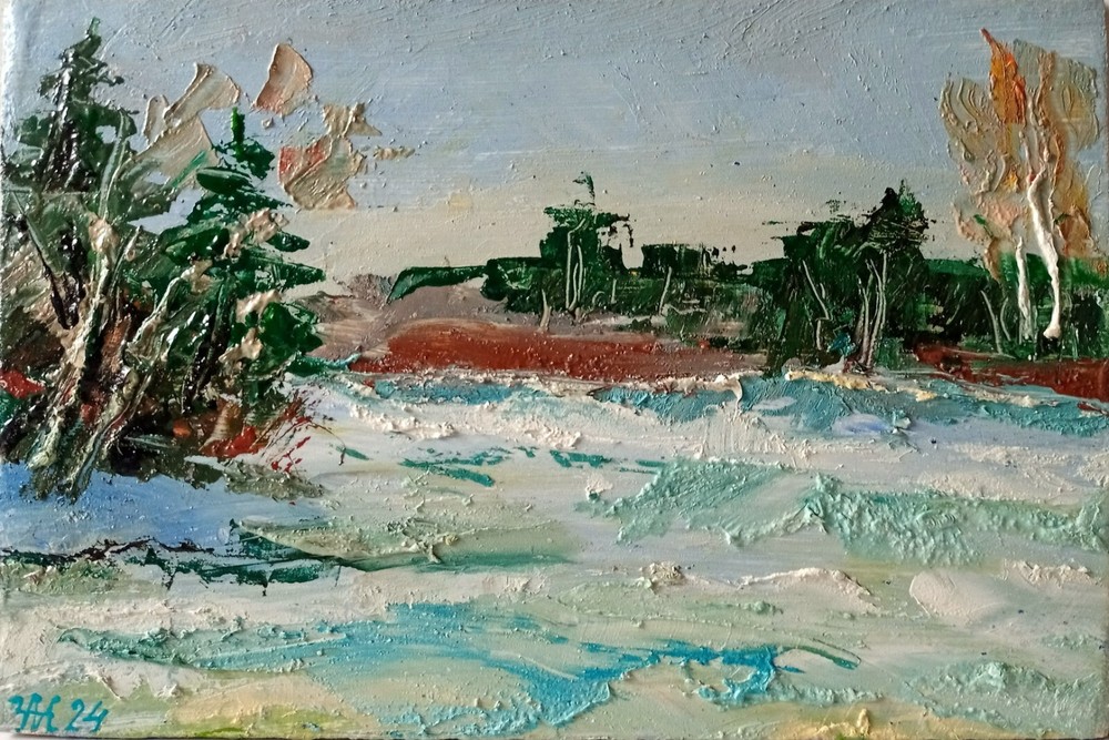 Winter Impasto Painting Original Art Impressionistic Oil Painting 6 x 9 in