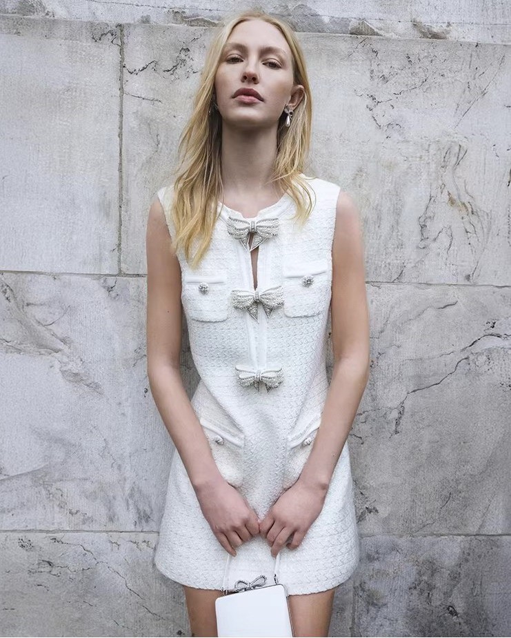 Self-Portrait Women's Pearl Bow Sleeveless dress Tweed White Dresses
