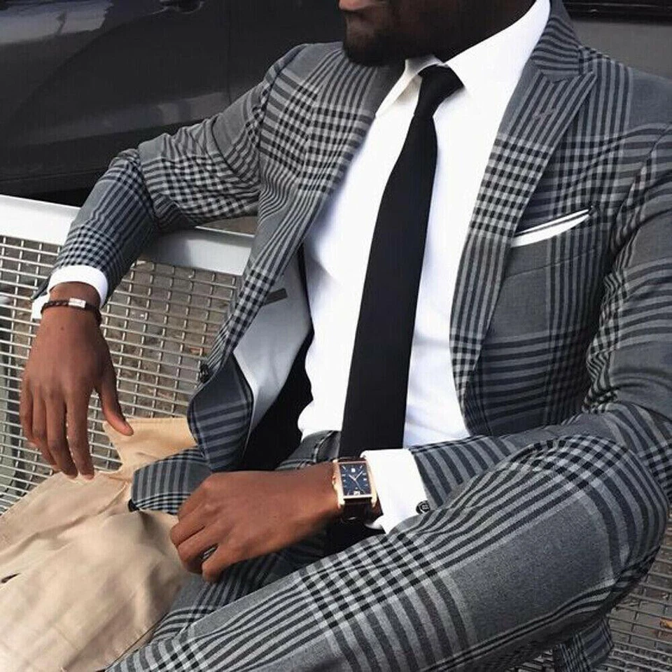 Slim Fit Plaid Business Suit for Men Wedding Prom Groom Tuxedo Formal Party