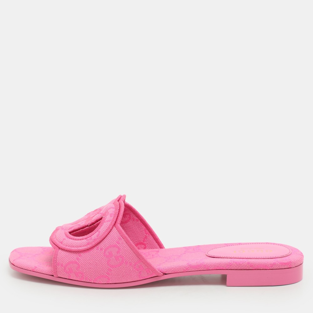 Gucci Pink Interlocking G Canvas Flat Slides Size 36 Women