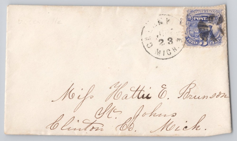Miss Hattie E. Bruns addressed cover 3c blue Washington stamp, embossed seal