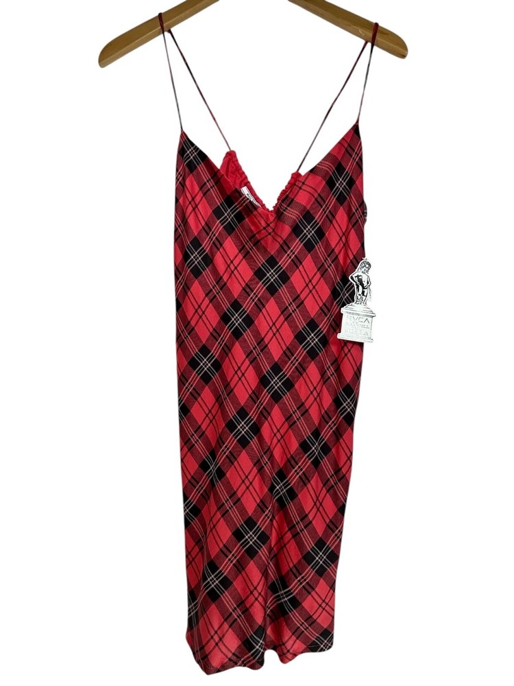 RVCA Stella Maxwell Mini Dress Sz M Black Red Plaid Slip Dress Gothic Classic