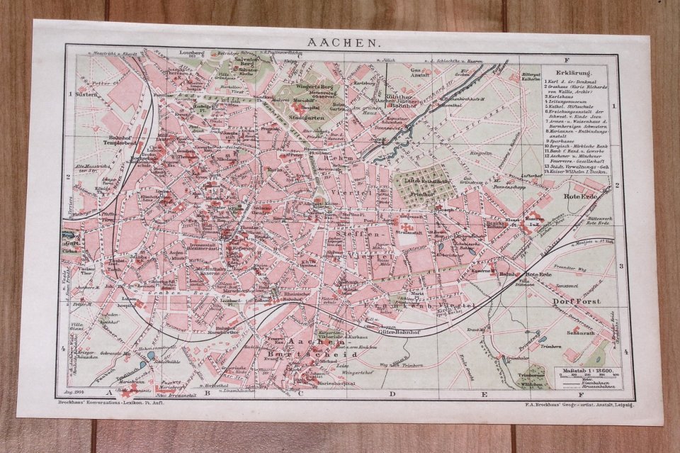 1900 Original Antique City Map Of Aachen With Street Index / Germany