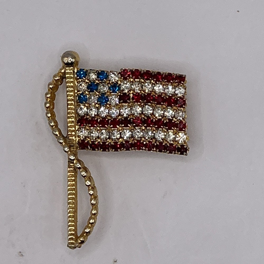 Patriotic Vintage Signed Rafaelian American Flag Rhinestone & Crystal Brooch Pin